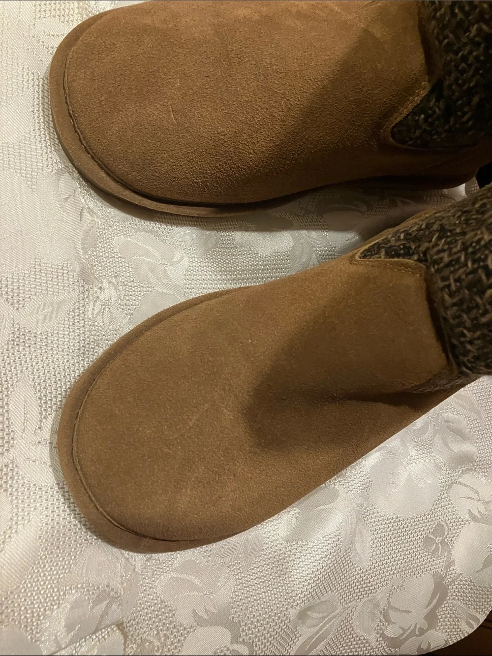 BearPaw Tan Suede and Charcoal Knit Winter Boots